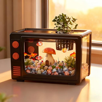 2.5 Gallon Fish Tank Kit with LED Lights, Filter & Plant Planter - Retro TV Decorative Fish Tank for Office Desk Home Decor,Mini Aquarium Starter Kit for Betta Fish (Black - 2.5 Gallon)
