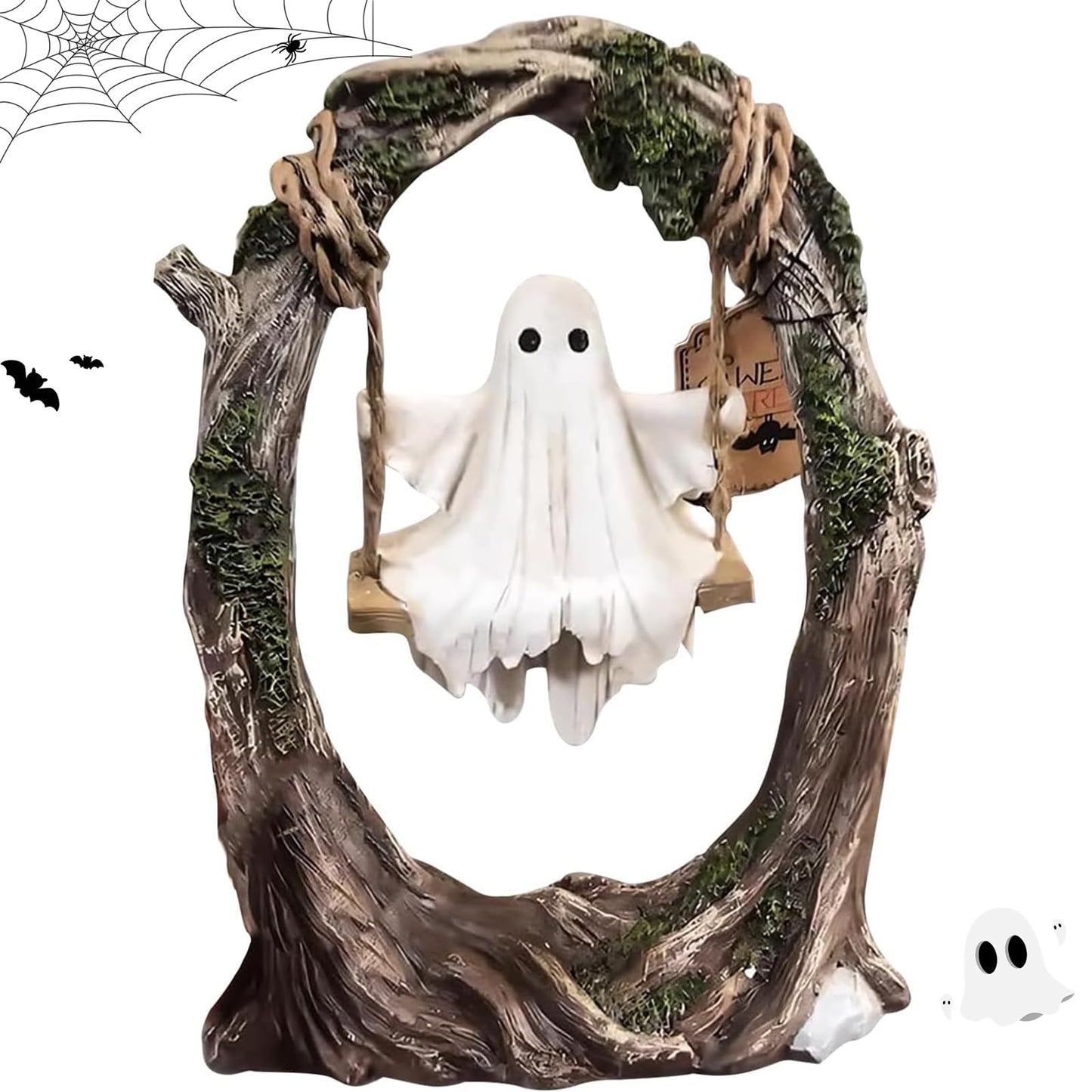 UASIMONSEN Ghost on a Tree Swing - Swinging Shadows, 2026 New Cute Swinging Ghost Figurine Halloween Indoor Decoration, Ghost Tree Swing Decor for Desktop Bookshelf Garden Patio Lawn Halloween (A)