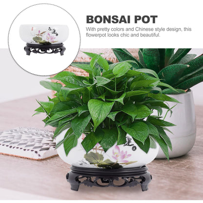Kisangel Blue and White Porcelain Hydroponic Bonsai Pot with Base 6.69 Inch Non-Hole Indoor Planter for Lotus Flower Water Lilies Home Garden Decoration