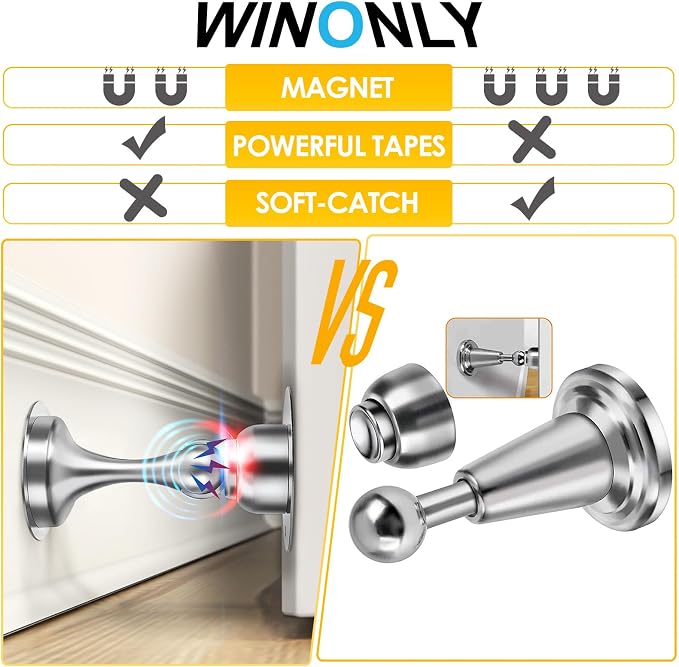 WINONLY Door Stopper, Magnetic Door Stop, Stainless Steel, Magnetic Door Catch, 3M Double-Sided Adhesive Tape, No Drilling, Screws for Stronger Mount, Hold Your Door Open, 1 Pack to Have a Try