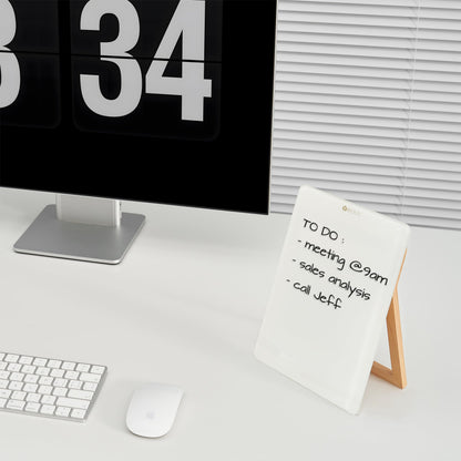 Desktop Glass Whiteboard with Reversible Wood Stand, Small White Board, Mini Dry Erase Whiteboard Easel for Desk, Reusable Desk Notepad 9.5"x6.7" for Home, Office, Accessories Included, Yeoux