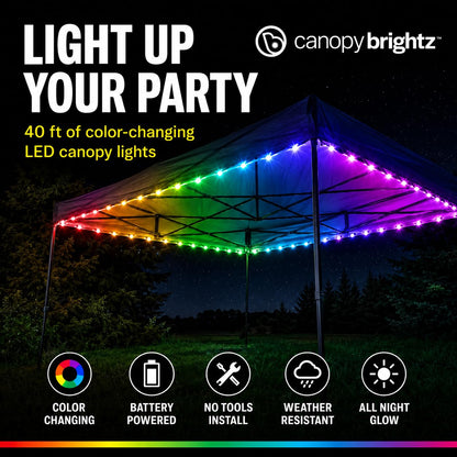 Brightz CanopyBrightz Color Changing LED Canopy Lights - 40 ft String Lights with 60 LEDs, Cut-to-Size - Battery Powered Accent Lights for Pop Up Canopy, Camping, Tailgating, Backyard Parties & Patio