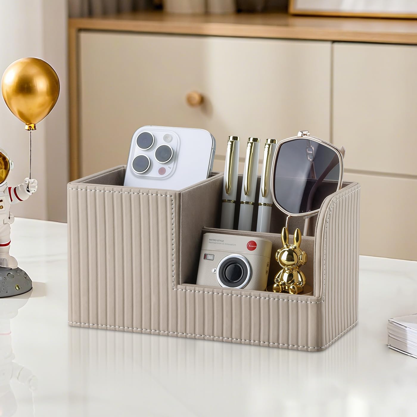 KINGFOM Desk Pen Organizer Office Supplies Caddy Pu Leather Multi-function Storage Box Pen/Pencil,Cell phone, Business Name Cards Remote Control Holder (Mocha Beige)