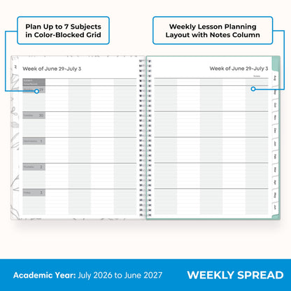 Blue Sky 2026-2027 Weekly and Monthly Academic Year Teacher Lesson Planner Calendar, July 2026 - June 2027, 8.5" x 11", Flexible Cover, Wirebound, Laminated Tabs, Storage Pocket, Prairie Aqua