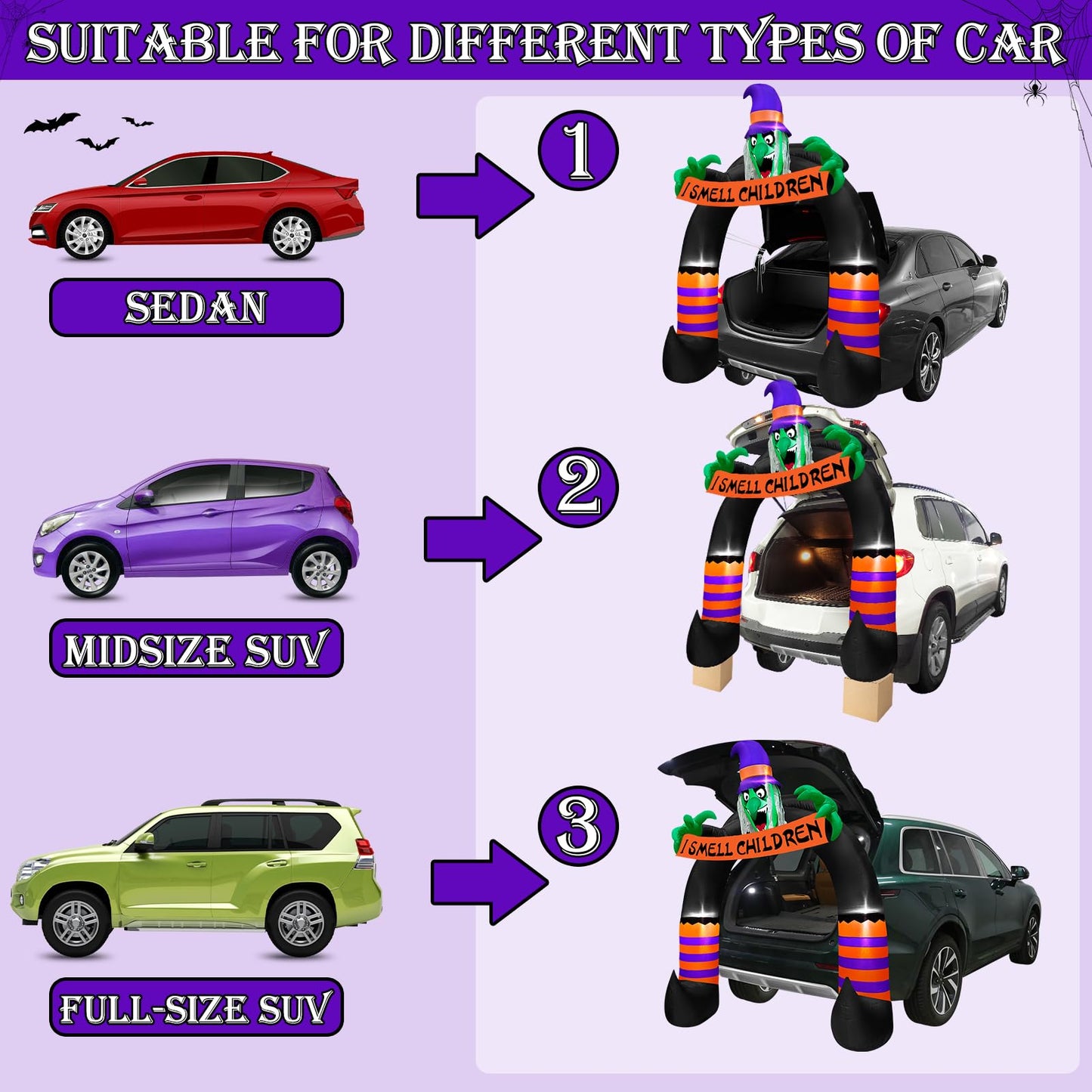 TURNMEON 6FT Halloween Inflatable Trunk or Treat Car Decoration Scary Witch Arch Holds Banner Build-in LED Blow up Car Decor SUV Halloween Outdoor Decorations Party Activities Lawn Yard