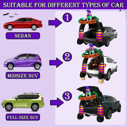 TURNMEON 6FT Halloween Inflatable Trunk or Treat Car Decoration Scary Witch Arch Holds Banner Build-in LED Blow up Car Decor SUV Halloween Outdoor Decorations Party Activities Lawn Yard