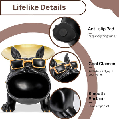 Nagpew French Bulldog Tray, Resin Bulldog Statue Candy Dish, Cool Black Key Holder Jewelry Bowl Decor for Entryway, Table, Office, Modern Art