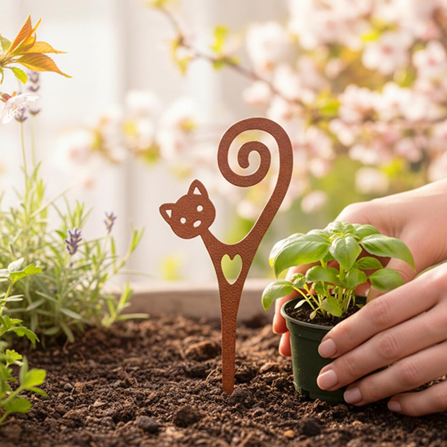 STEELDECO Cat Garden Stake A Powder-Coated Metal Plant Pick & Cute Decor for Indoor & Outdoor Planters and Gardens