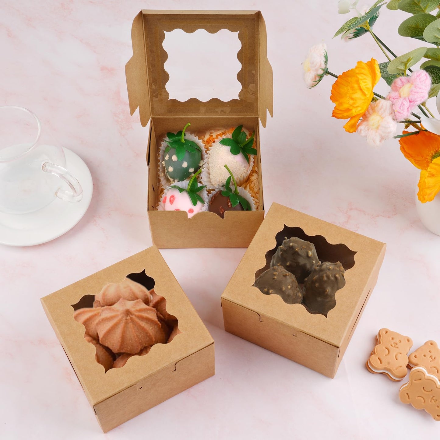 WINKIO 48 Pcs White Cookie Boxes, 4x4x2.5 Inches Bakery Boxes with Window, for Mini Cake Treat Dessert Pastry Donuts Macaroon Strawberries Chocolate Candy (with Stickers)