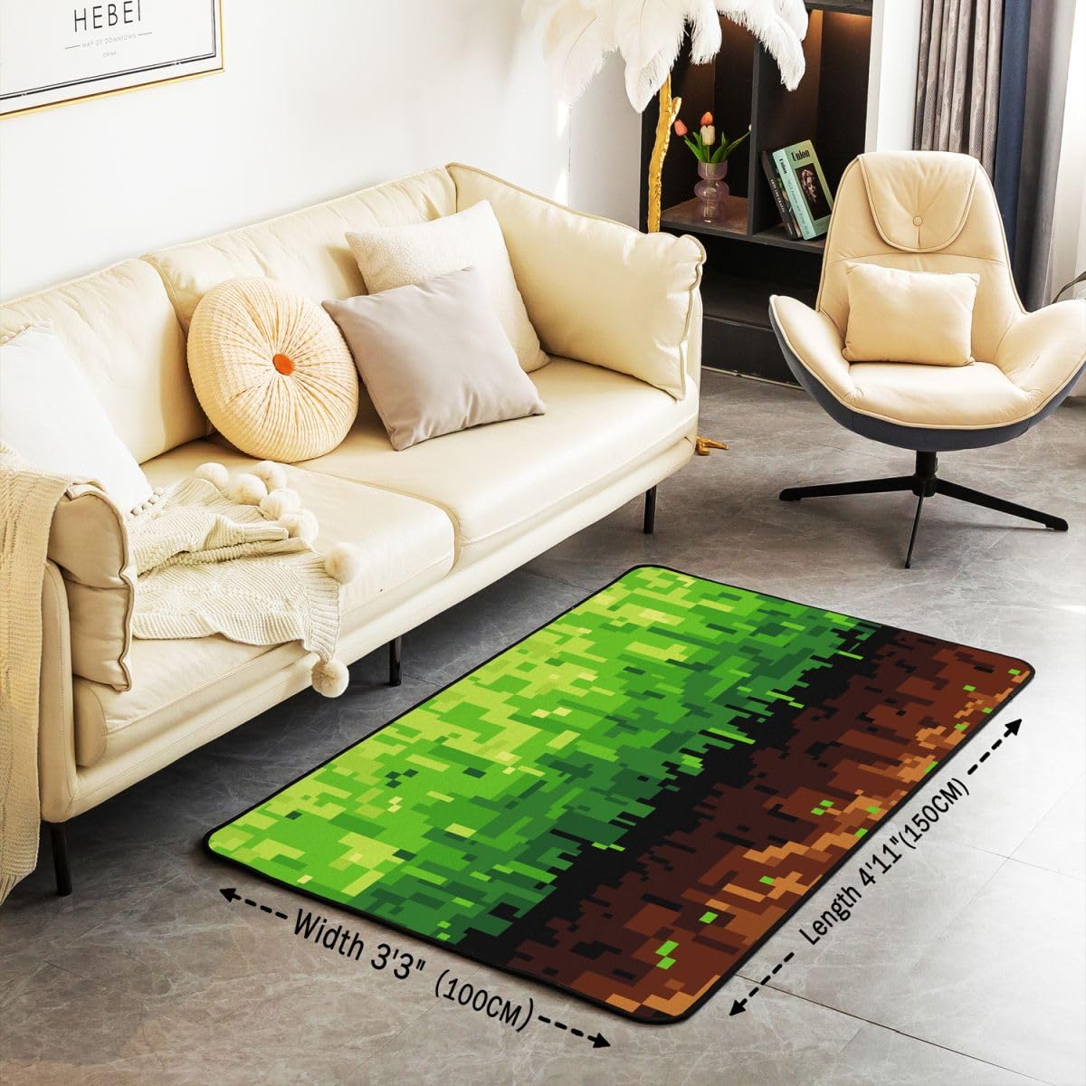 Manfei Pixelated Kids Area Rug,Patchwork Grid Video Games Indoor Floor Mat Entrance Rug for Girls Boys,Miners Lattice Simple Non Slip Rug,Brown Green Couch Living Room Decor,5'x6'6''