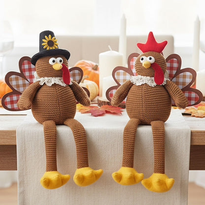 MWDJPXY Christmas Decorations Set of 2 Turkeys with Dangling Legs, Turkey Couple Doll Plush Kit Tabletop Centerpieces for Fall Harvest Home Decor Kitchen Shelf (Brown)