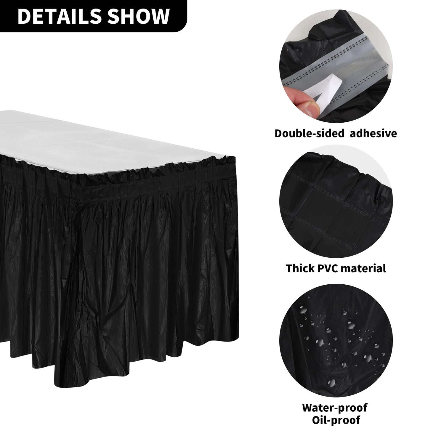 Axigundaone 6 Pcs Plastic Black Table Skirts for Rectangle Tables, Disposable Table Skirts with Adhesive Strip, 28 Inch x 14 Ft Rectangular Table Skirts for Party, Wedding,Banquet