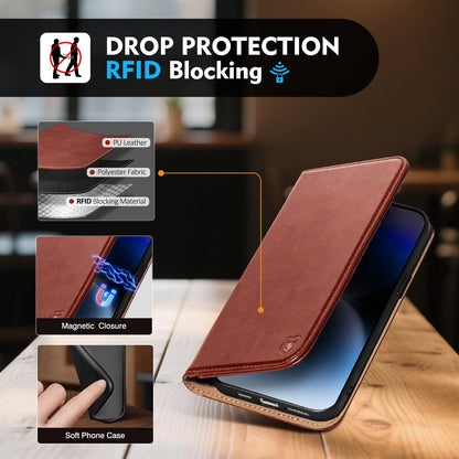 Scutumate Compatible with iPhone 14 Pro Max Case Wallet with Card Holder [4 Card Slots] Kickstand [RFID Blocking] PU Leather Phone Case Flip Protective Cover Shockproof,for Apple 14 ProMax,Brown