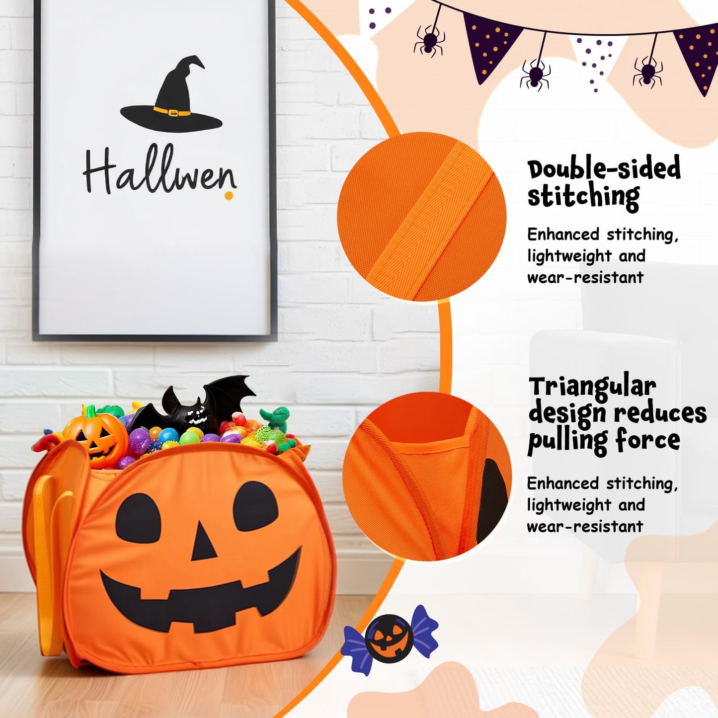 YOHOOLYO 95L Large Cute Halloween Pumpkin Boo Basket with Handles, Trick or Treat Candy Bucket Bag, Halloween Decor for Kids, Candy Buckets & Tote Bags for Party Favor Supplies