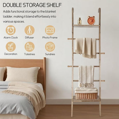 Wooden Ladder with Shelf for Room Decor, 6-Tier Decor Ladder with Non-Slip Mat & Hooks, Farmhouse Style Leaning Wall Display Holder