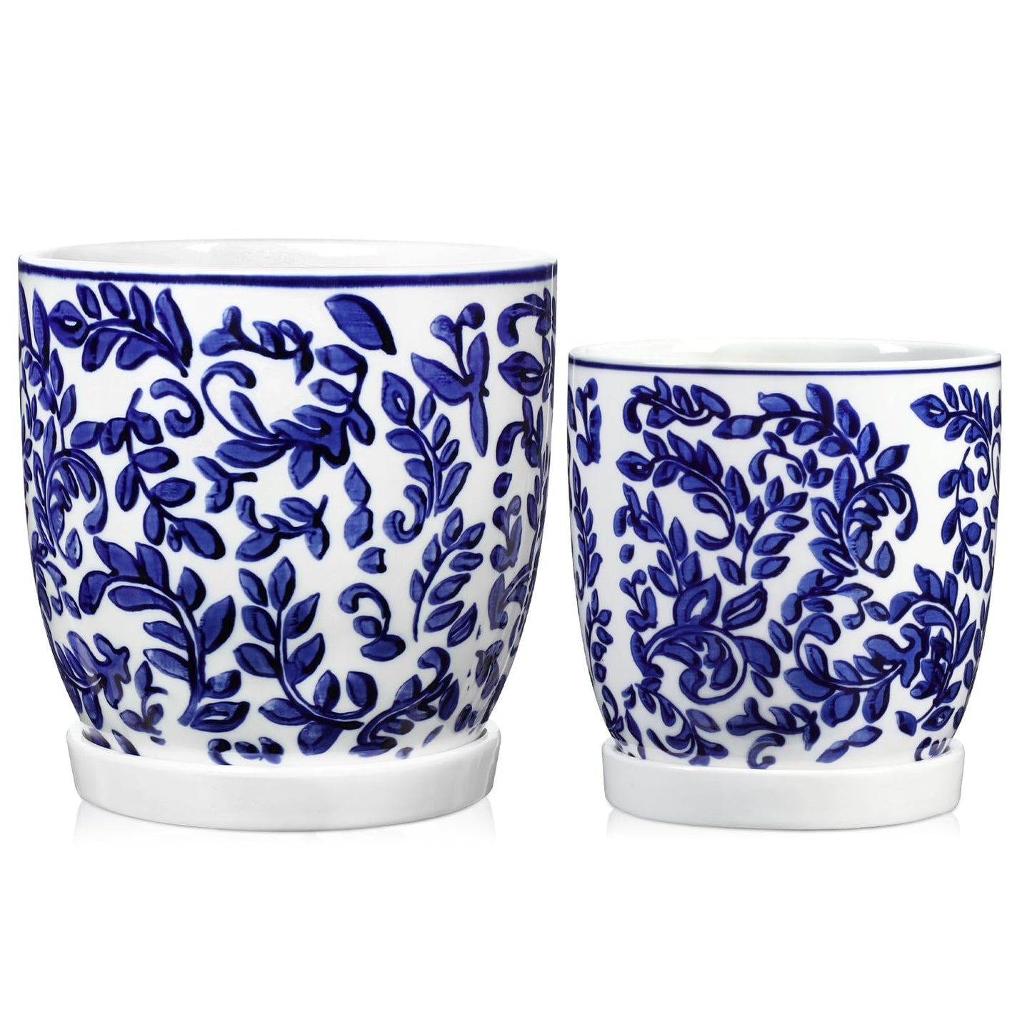 Set of 2 Ceramic Blue and White Plant Pots with Drainage Hole and Saucers, 4.3/5.5 Inches Ceramic Planters Round Flower Pots for Indoor Plants Succulent Cactus Orchid Flower, Indoor Outdoor Decor