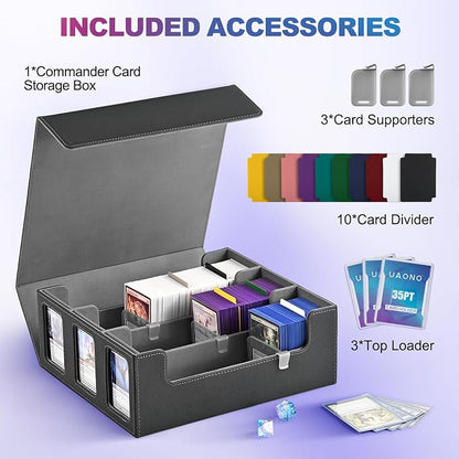 UAONO Card Storage Box for Trading Cards, 1800+ Commander Deck Box for MTG with Display Window, Toploader Card Case fits Magic TCG PTCG Sports Cards; 10 Removable Divider Tabs, 3 Stoppers (Black)