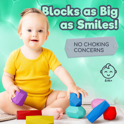 EVERSMART Wooden Stacking Blocks – Montessori Toys for 1 2 3 4 5 6 Year Old Toddlers and Kids, No Choking Hazard – Building Rocks Stones Games, for Girls and Boys