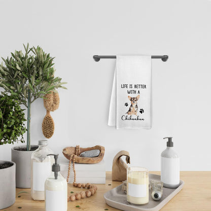 KFXHANGD Life is Better Kitchen Towels, Funny Chihuahua Hand Dish Towels for Bathroom Kitchen, Gifts for Chihuahua Lovers, 16x24Inches