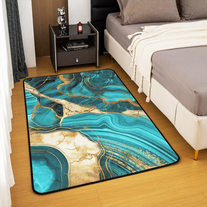 Teal Marble Area Rug 5x7, Gold Crack Rug, Abstract Metallic Texture Non Slip Carpet for Bedside, Luxury Shinny Boho Hippie Fluid Washable Decorative Rug for Living Room