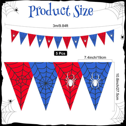 Tiamon 5 Pcs Spider Web Birthday Party Decorations Spider Theme Birthday Triangle 49.2 ft Flag Red Black Blue Pennant Banner Garland Streamer for Baby Shower Cartoon Movie Party Supply