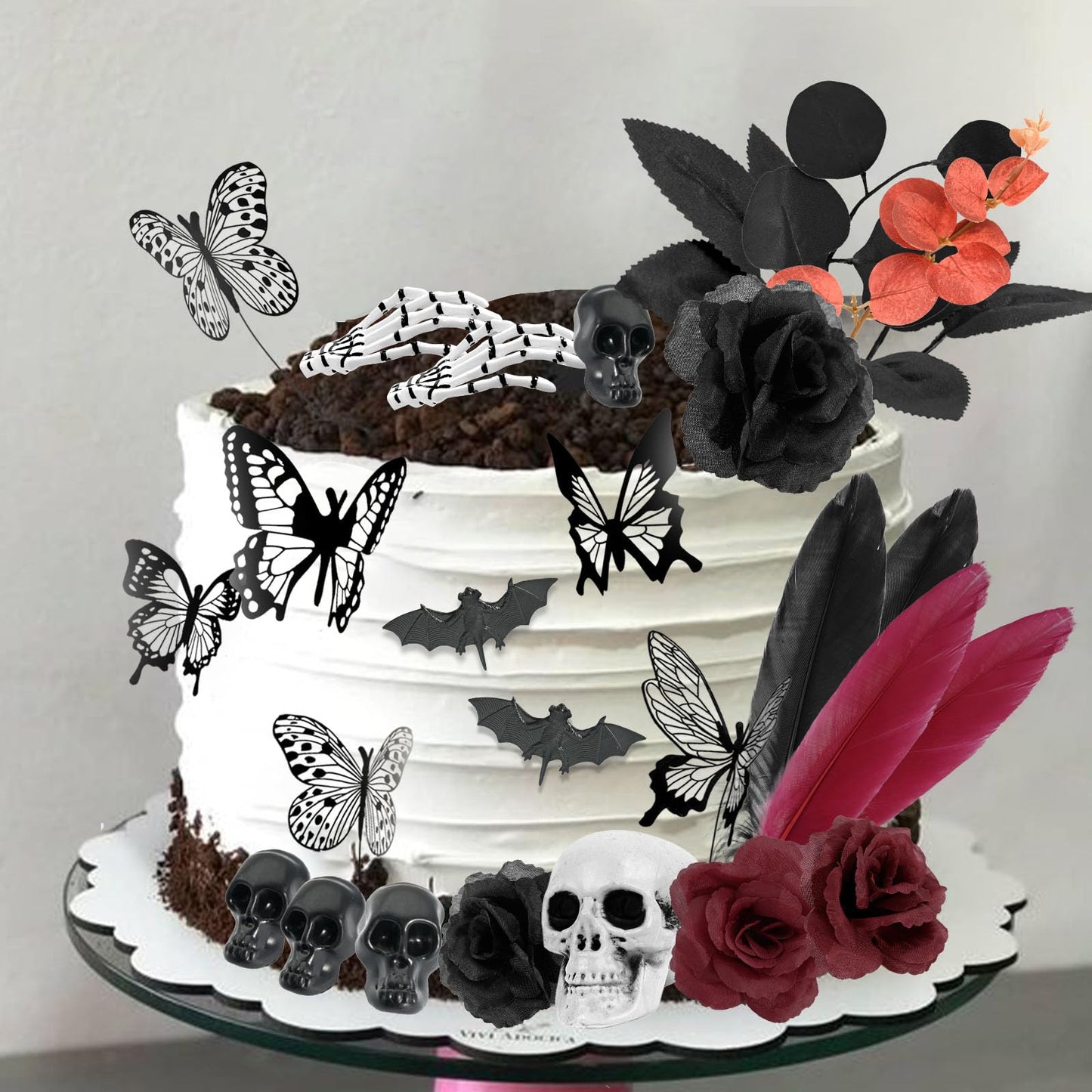 TSVATE Gothic Cake Decorations - 26PCS Black Cake Toppers with Red Black Rose, Skull, Butterfly Cupcake Toppers for Goth Birthday, Wedding, Halloween