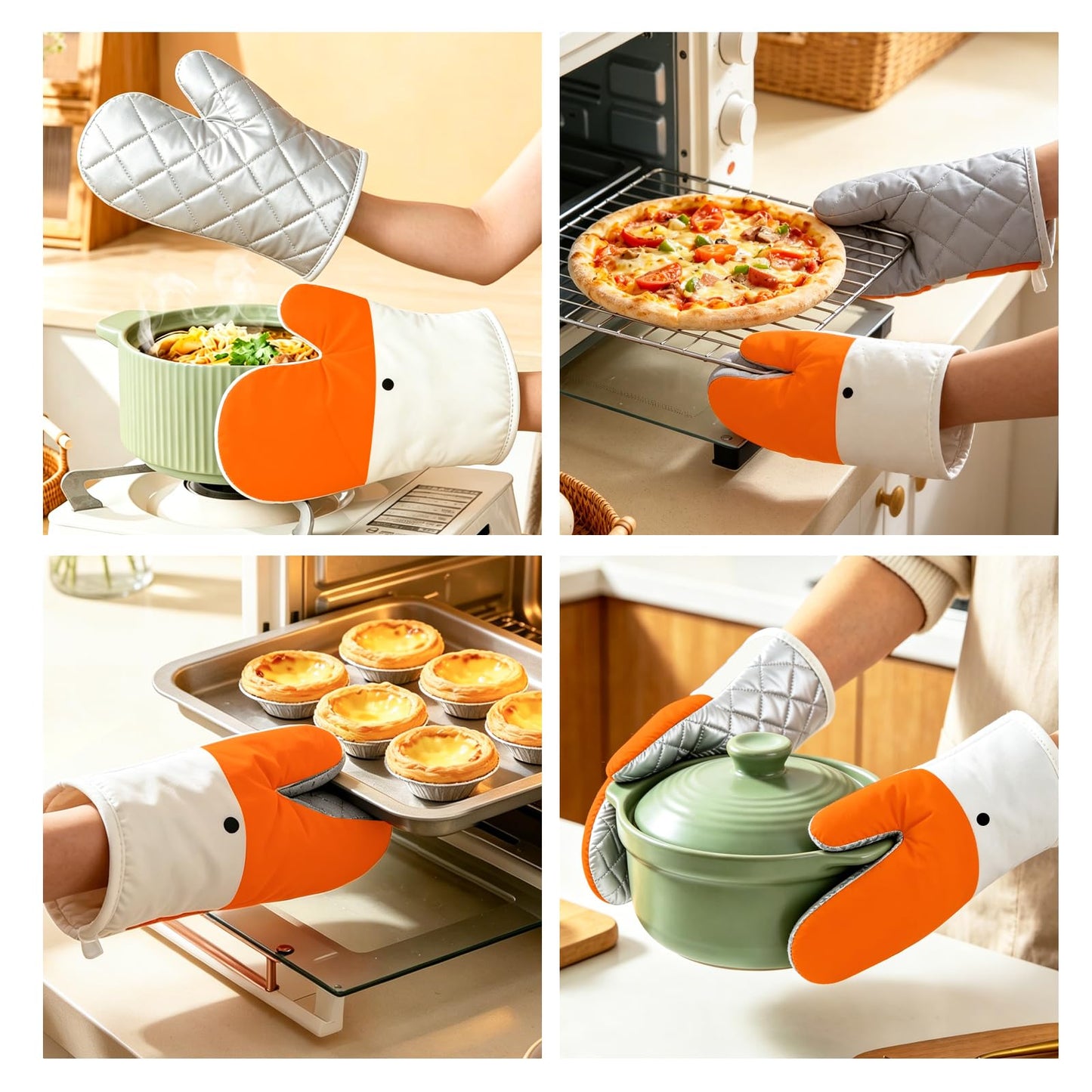Goose Oven Mitts and Pot Holders 4 pcs Set, Heat Resistant Kitchen Gloves, Funny Novelty Animal Oven Mitts, Recycled Cotton Infill Silicone Non-Slip Gloves for Cooking Baking Grilling, Gift (Yellow)