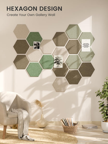 Fluxynara Hexagon Cork Board Alternative for Walls Decor-12-Pack Felt Bulletin Board Tiles,with 30 Pushpins,70 Adhesive Tabs for Office,Classrooms & Home Pin Board Felt Board-Moss Haven