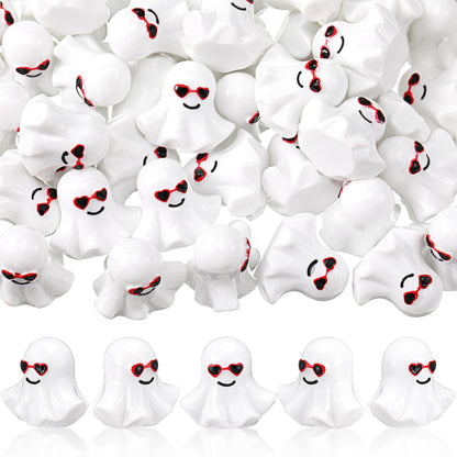 VioraWhite 50 Pcs Valentines Mini Ghost Figurines Cute Tiny Resin Ghost with Heart Sunglasses Miniatures Valentine's Day Romantic Gift Shelf Decor for DIY Crafts Landscape Garden Cake Topper Lawn
