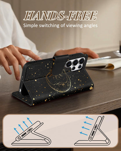 Toycamp for Samsung Galaxy S26 Ultra Wallet Case with Wrist Strap - Leather Flip Folio Phone Case with RFID Blocking 4 Card Slots Galaxy S26 Ultra Funda Cute Aesthetic for Women Lady, Black Sun Moon