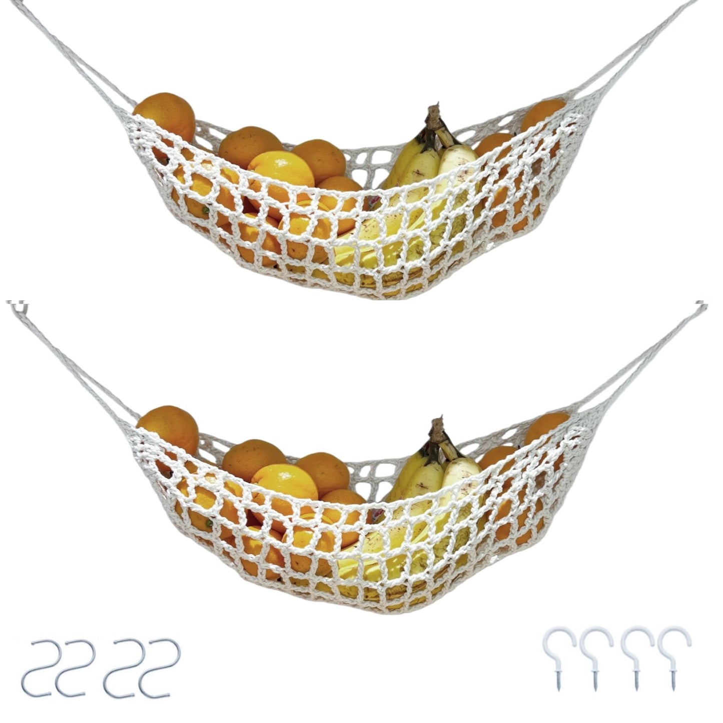 Tullace 2-Pack Hanging Fruit Hammock with Hooks - Macrame Under Cabinet Veggie Banana Basket, Hand-Woven Boho Fruit Holder, Save Counter Space for Kitchen Home RV Boat (Ivory)