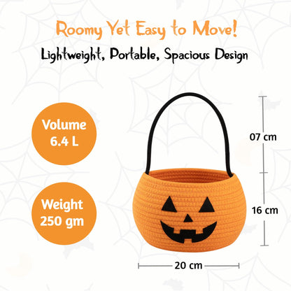 Pumpkin Storage Basket | Woven Cotton Rope Bin | Cute Halloween Candy Bowl, Trick or Treat Bag, Boo Gift, Stuffer Filler | Multipurpose Home Organizer & Gift Basket with Handles | Decorative Container