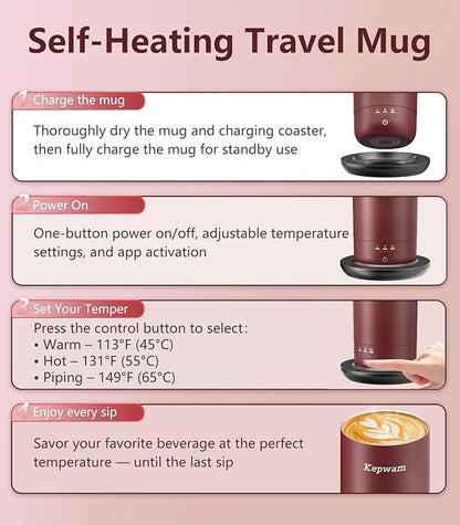 Kepwam Self-Heating Travel Mug 20oz, Temperature-Controlled Coffee Warmer Mug, Smart Travel Mugs Keep Coffee Drinks Hot, Heated Cup Great for Driver Outdoor Fits Car Cup Holders