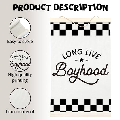 LKETW Long Live Boyhood Poster Hanger Frame 12x16 Inch, Race Car Boy Nursery Wall Art Posters for Playroom, Black and White Checkered Hanging Banner Decor for Toddler Boy Nursery Room Bedroom