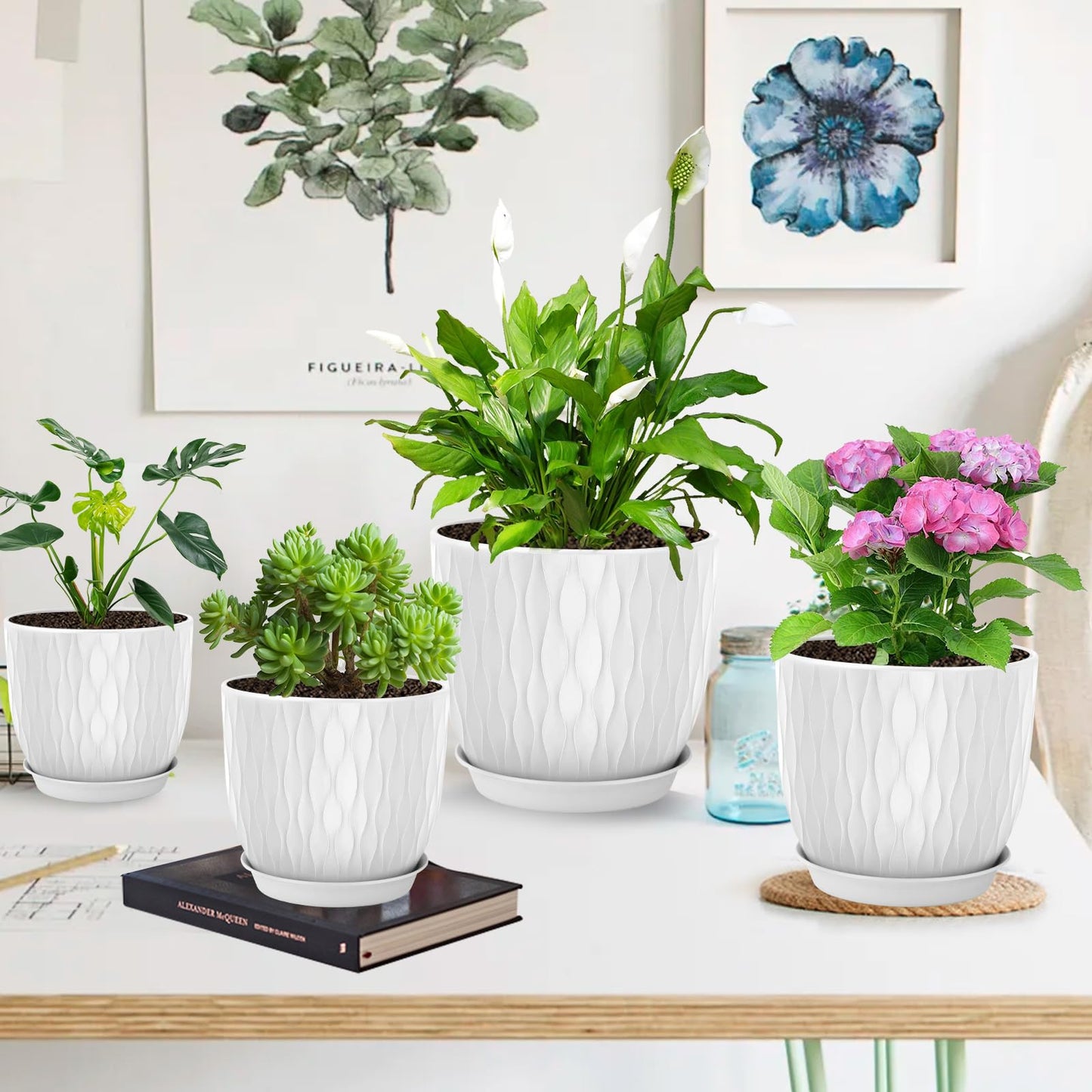 LESOASIS Plastic Plant Pots 10/9/8/7.5/7 inch Set of 5, Flower Planters with Drainage Holes and Saucers, Plastic Pots for Indoor Outdoor Plants, Livingroom Garden Decor (White)