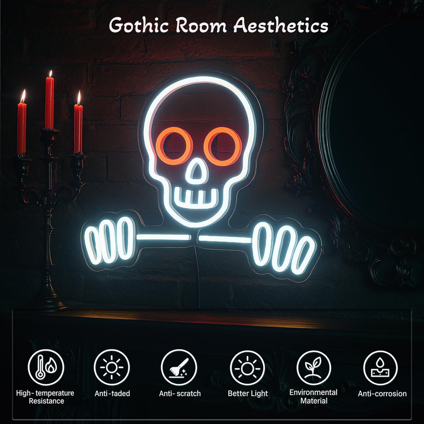 Skull & Skeleton Neon Sign, 16’’×12.6’’ Dimmable LED Wall Light, USB Powered Gothic Room Decor for Bedroom, Party, Bar, Game Room Halloween Christmas Gifts