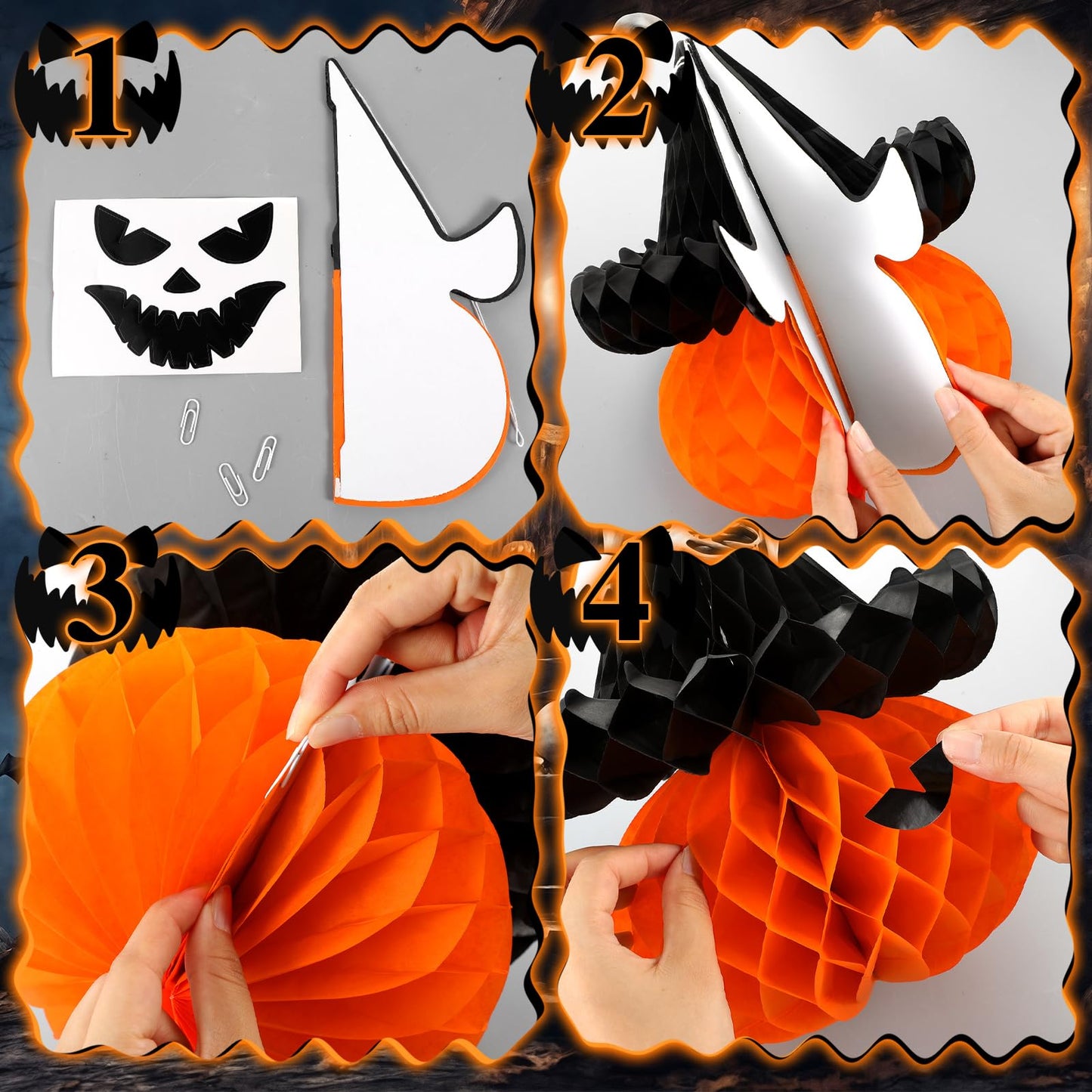 Fourluoo 6 Pcs Large Halloween Pumpkin Witch Hat Honeycomb Centerpieces 9.84 x 11 Inch Thanksgiving Paper Honeycomb Decorations 3D Table Decor for Fall Tailgate Party