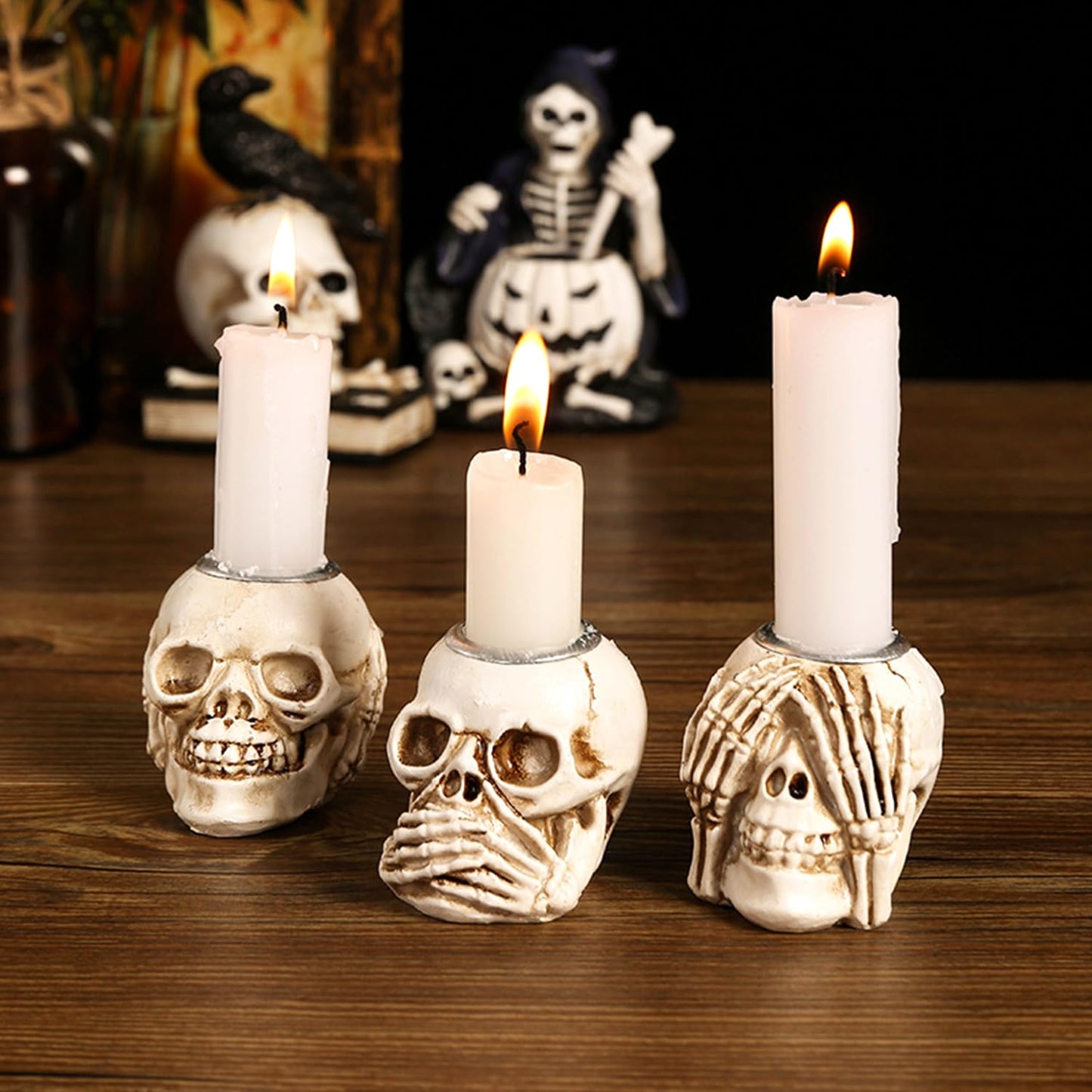 3 Piece Halloween Skull Candle Holder for Table Centerpieces Fireplace Halloween Decor and Dinner Party Resin Halloween Candlesticks Holder