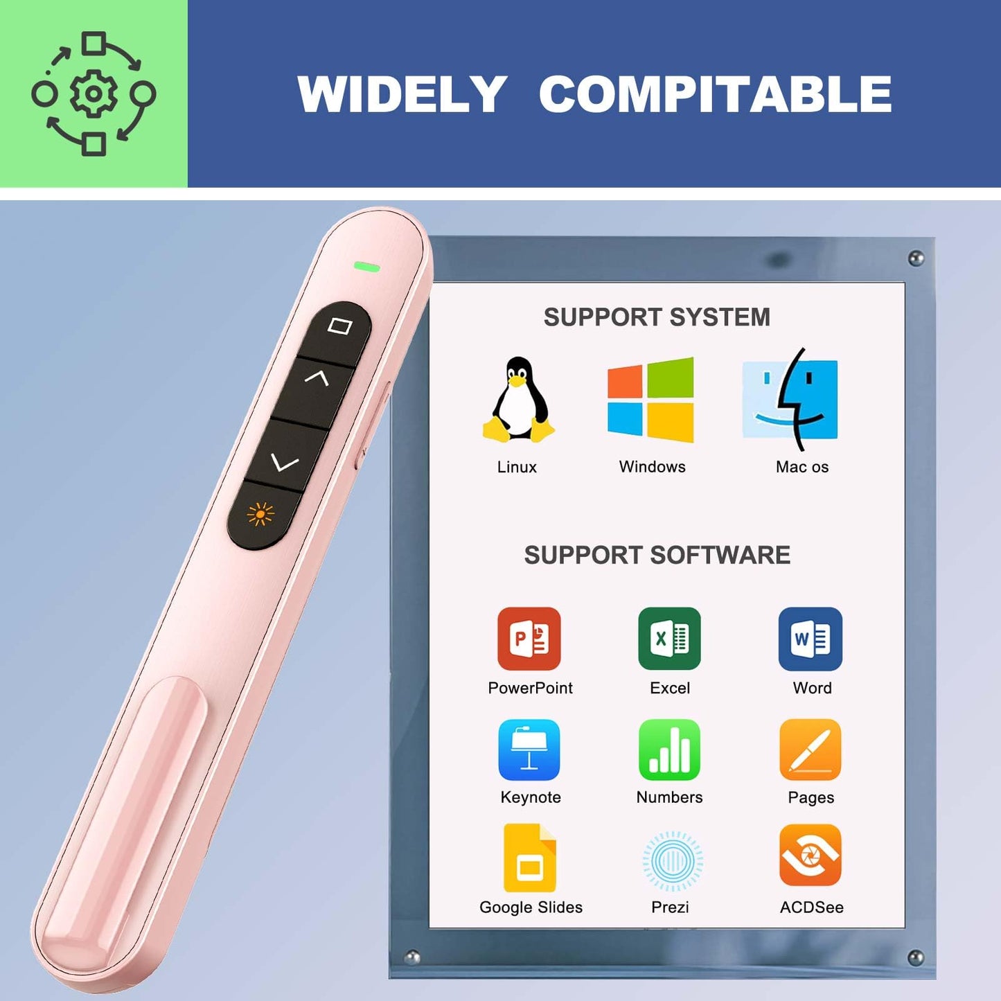 QUI Presentation Clicker with Volume Control, 2.4GHz USB Wireless Presenter Remote, PowerPoint Clicker Slide Advancer Compatible with Mac, Windows, Google Slides, Keynote