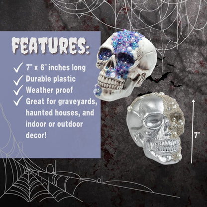Halloween Pirate Treasure Skulls - 2 Pk, 8" Human Heads with Gem Studded Rhinestones - Indoor Home Decorations, Skeleton Prop Sculptures- Fall Party Decor for Haunted Houses Gothic Bone Table Statue