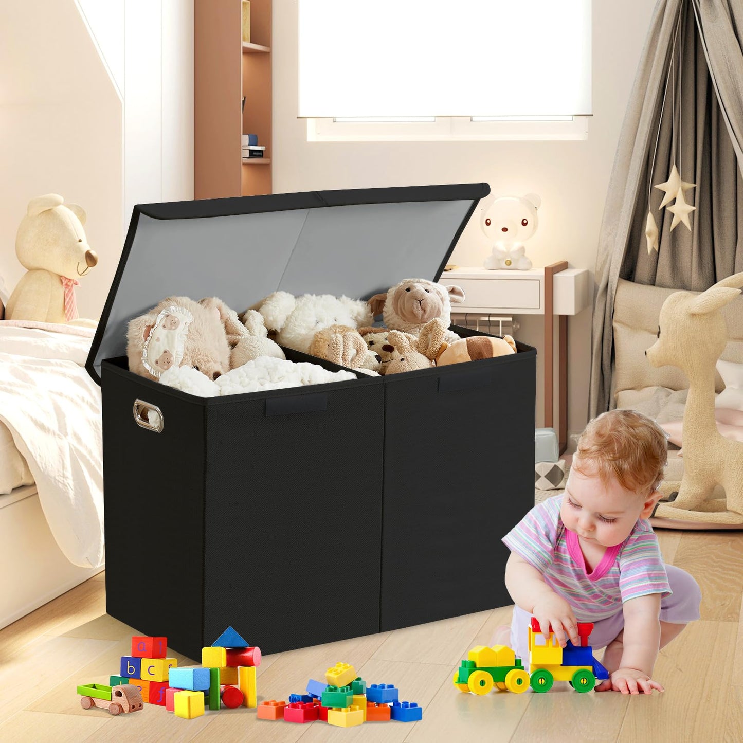 Roobyl Large Toy Storage Box with Lid, Collapsible Toys Storage Organizer Bins with Dividers and Handles, Storage Chest Bin for Kids, Boys, Girls, Nursery 25"x13" x16" (Black)