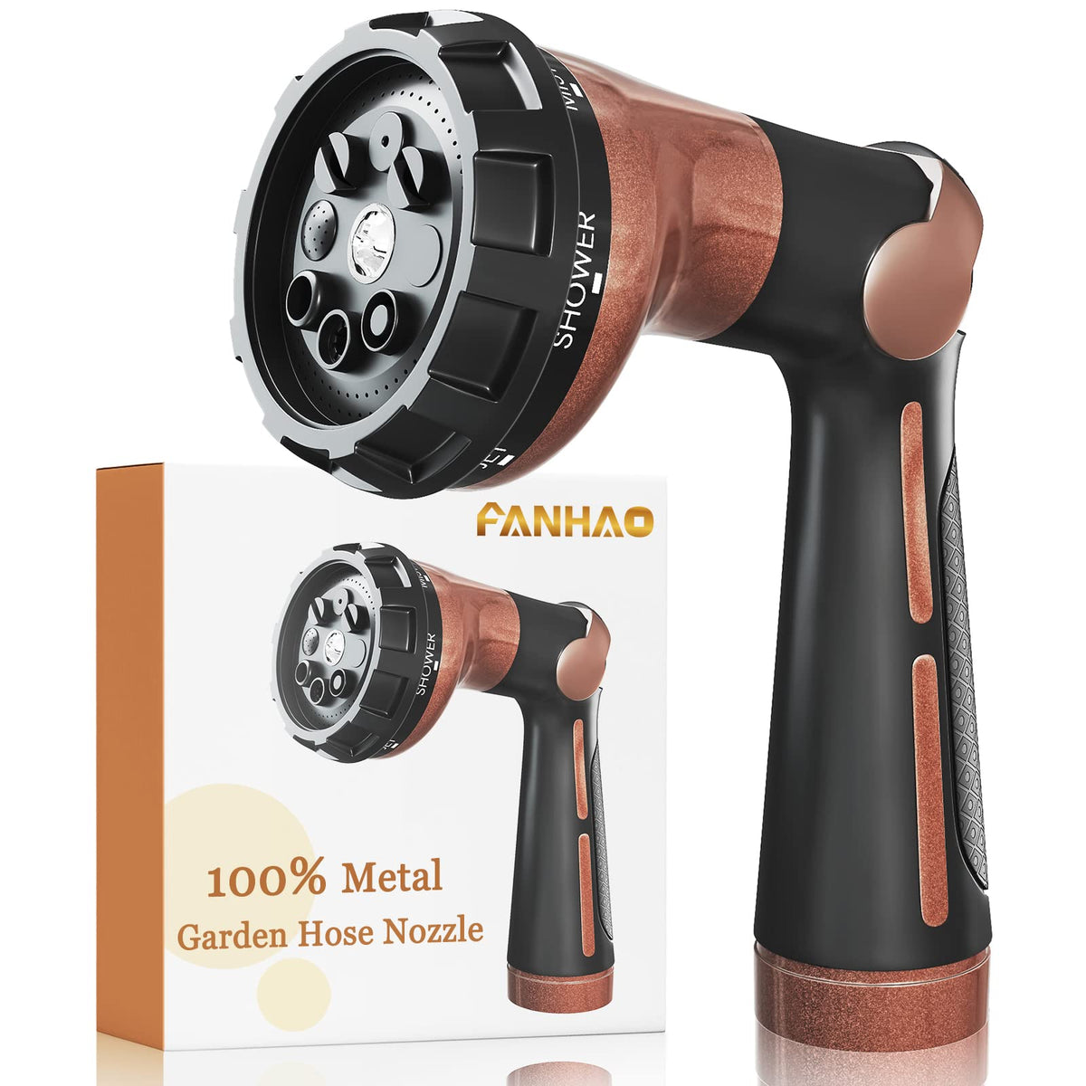 FANHAO Garden Hose Nozzle, 100% Heavy Duty Metal Water Hose Sprayer with 8 Spray Patterns, High Pressure Water Nozzle with Thumb Control, On Off Valve for Watering Plants, Washing Cars & Pets, Brown
