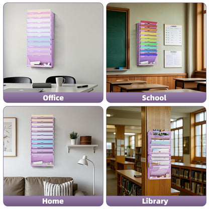 Marbrasse Wall File Holder 11-Tier Hanging Wall File Organizer, for Papers, Files Clipboard & Magazine Organizer, Wall Mount File Holder Great for Office Home (Purple)