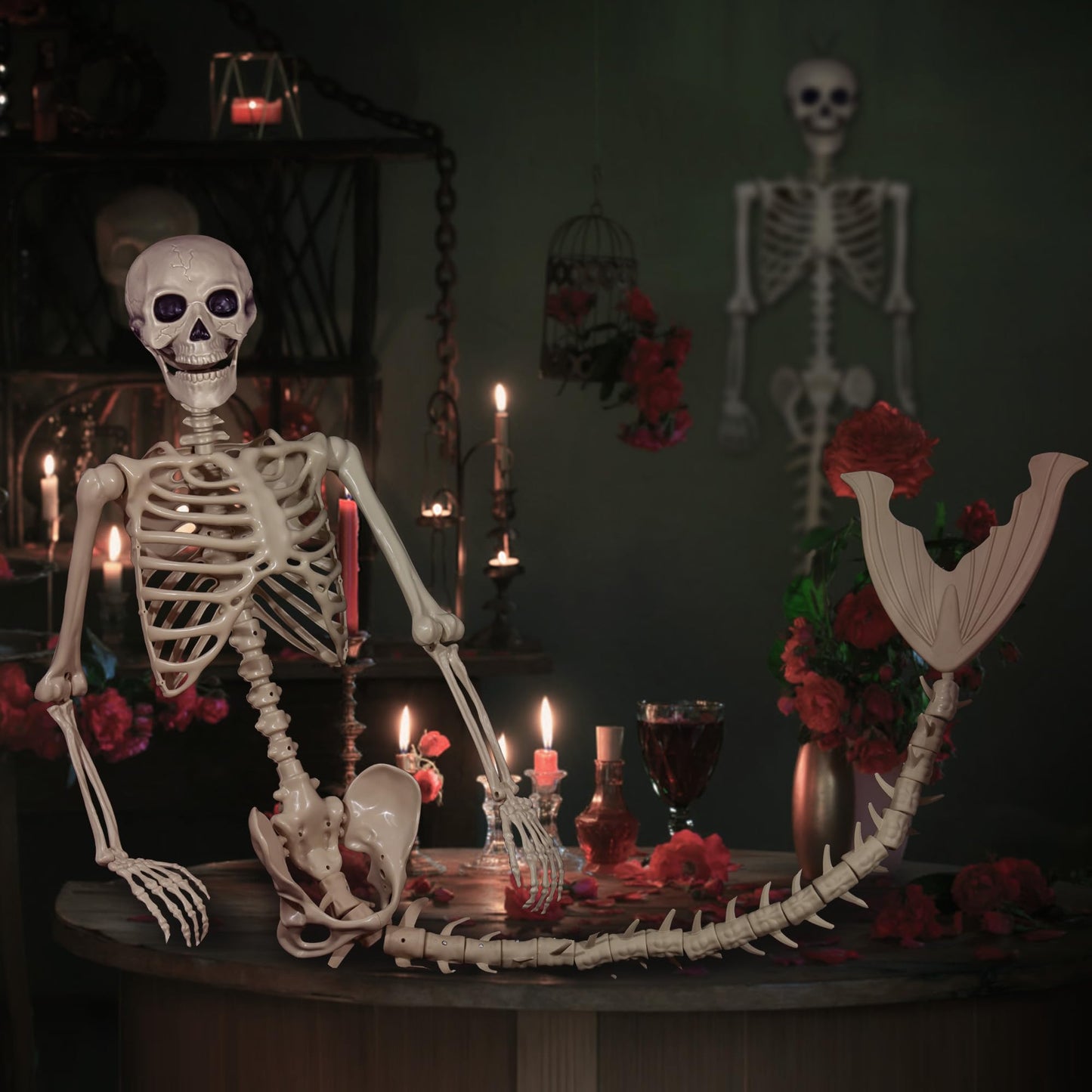 BEABOO 84Inches/7Ft Mermaid Halloween Life Size Skeleton Pose-N-Stay Posable Movable Joints Hanging for Halloween Decoration Decor Spooky Scene Party Favors
