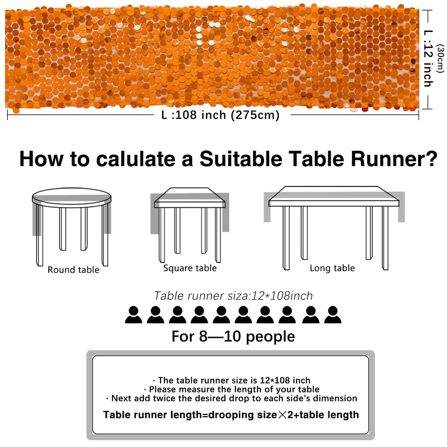 Yblut 12 x 108 Inch Orange Sequin Table Runner Glitter Rectangle Big Sequin Table Runner for Wedding Party Birthday Christmas Halloween Decoration (1 Pack)