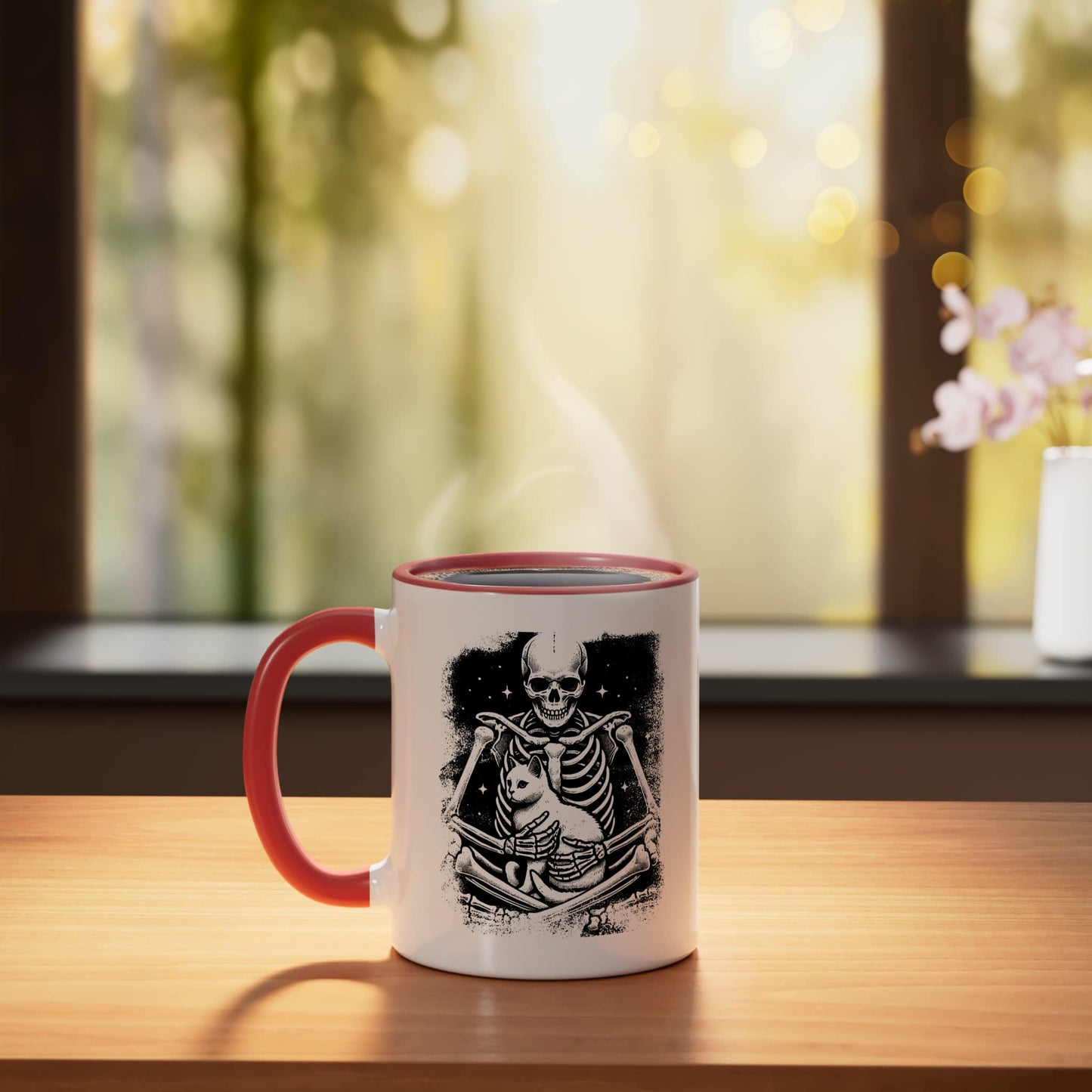 Skeleton Holding A Cat Lazy Halloween Costume Cat Lovers Ceramic Mug, Red/White