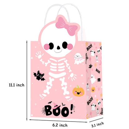 C L cooper life Halloween Party Tote Gift Bags with Handles 12pcs Pink Halloween Ghost Skull Candy Goodies Bags for Girls Ghost Bat Pumpkin Themed Trick or Treat Party Favor Supplies