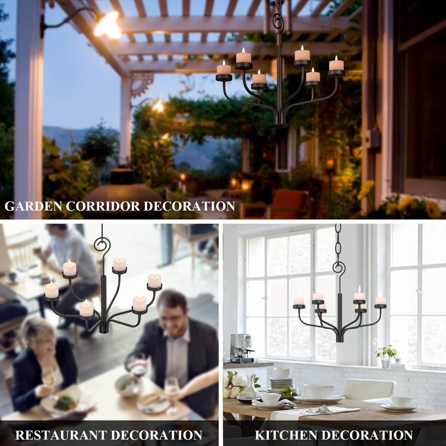 smtyle Black Outdoor Chandelier for Gazebo Set of 6 Tealight Candle Metal Wall Sconce for Hanging Decoration