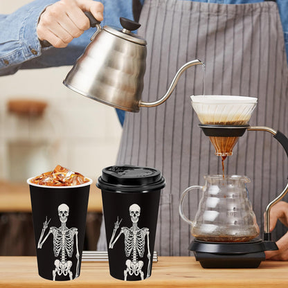 JarThenaAMCS 50Pcs Halloween Coffee Cups 16 Oz Smiling Skeleton Paper Cup with Lid Disposable Black Drinking Cups for Hot Cold Drink Trick or Treat Party Supplies