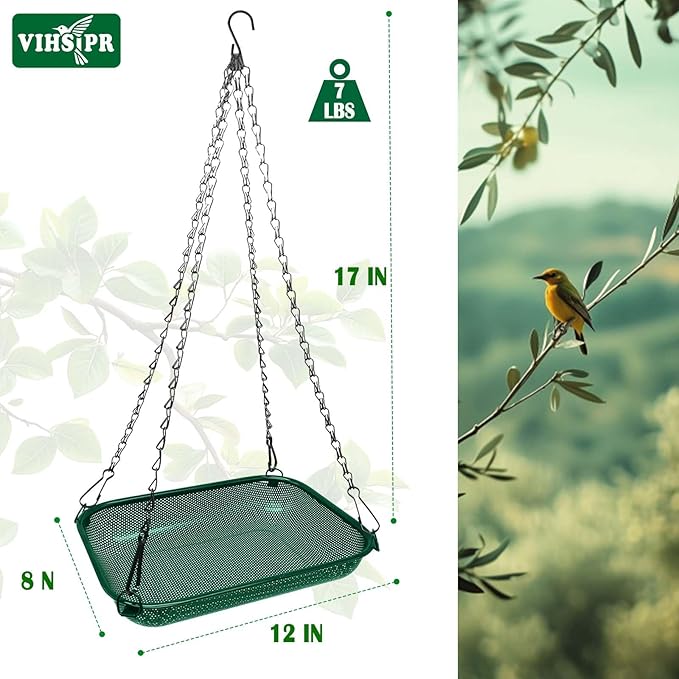 Hanging Bird Feeder for Outdoors – 12 x 8 in Rectangular Platform Bird Feeder, Metal Mesh Seed Tray for Wild Birds, Green
